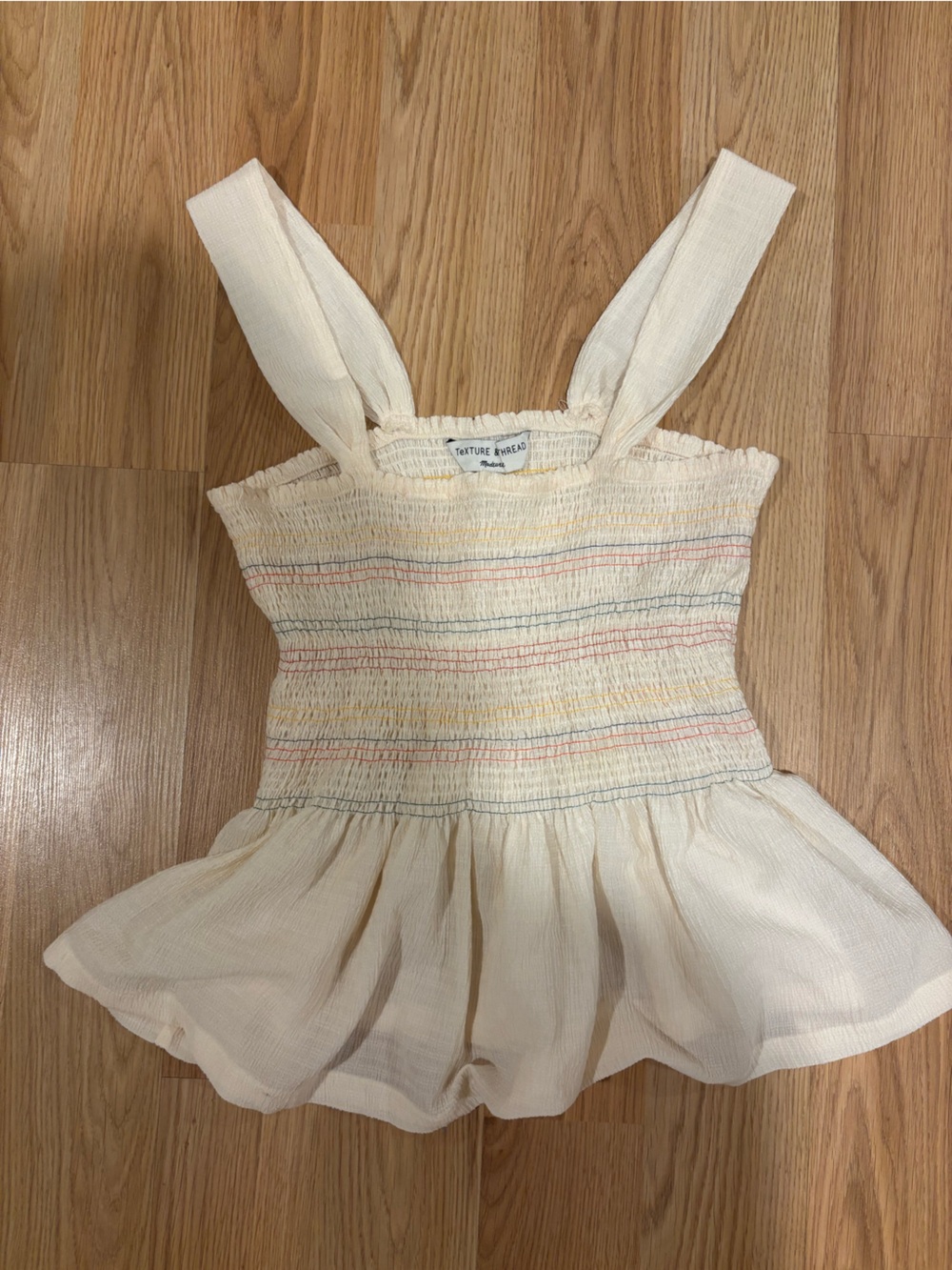 Madewell Cream Smocked Tank Top with Pastel Stripe Detail
